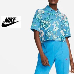 NWT $75 NIKE Women XXL Floral Printed Polo Shirt DRI-FIT Top Loose Fit in BLUE